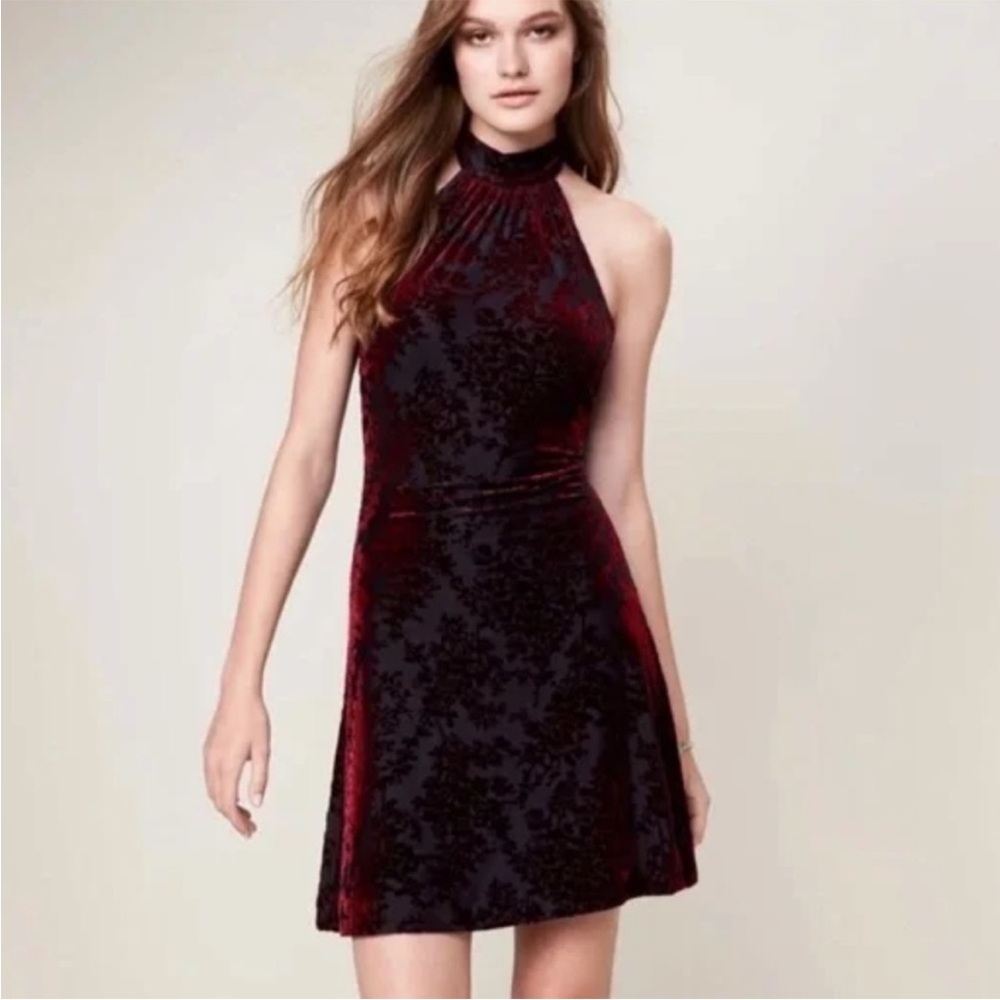 Dress The Population Floral Halter Tie Burnout Velvet Mini Dress, Size S